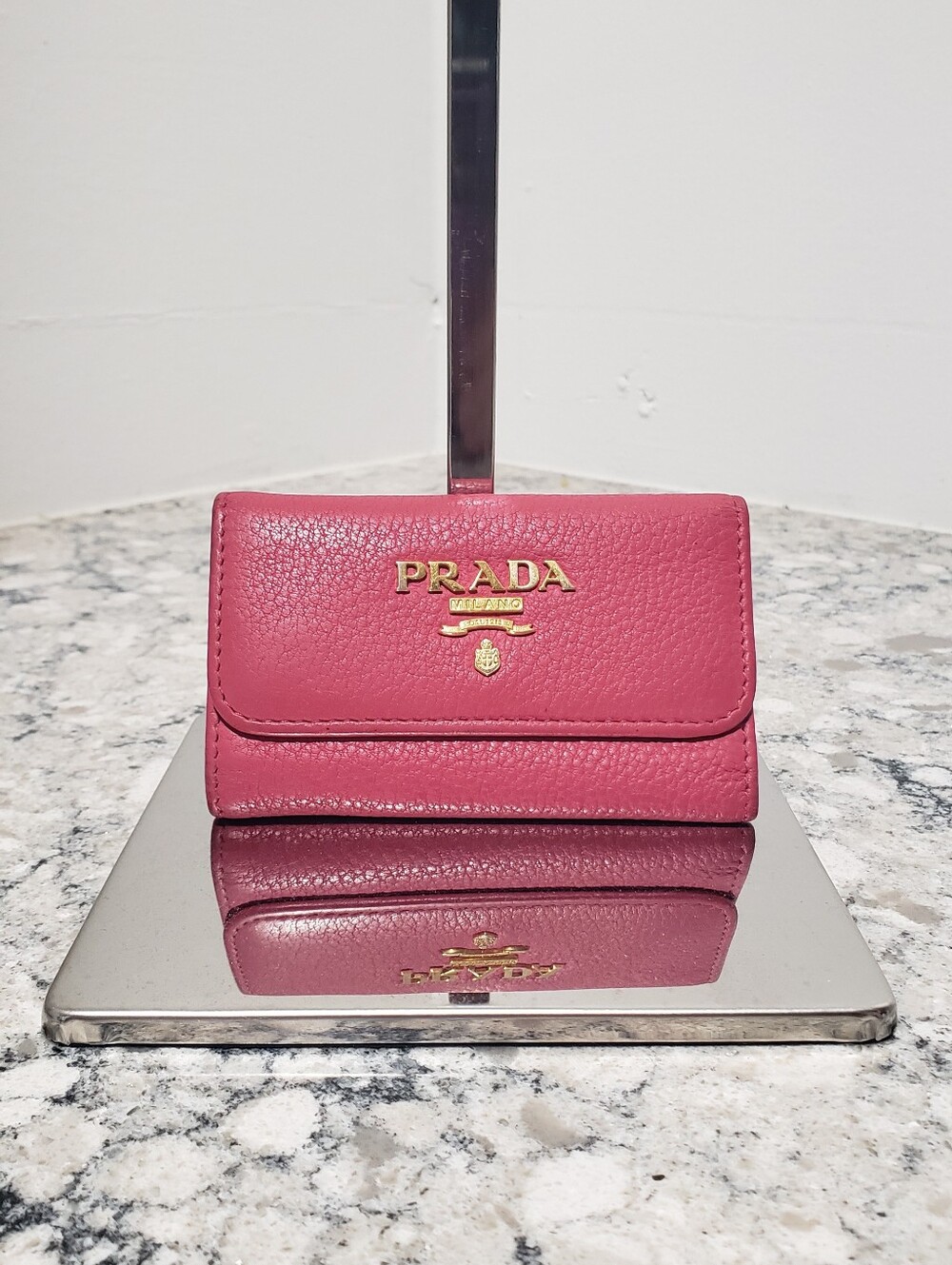 Prada Pink Pebbled Leather 6 Key Ring Card Case Holder